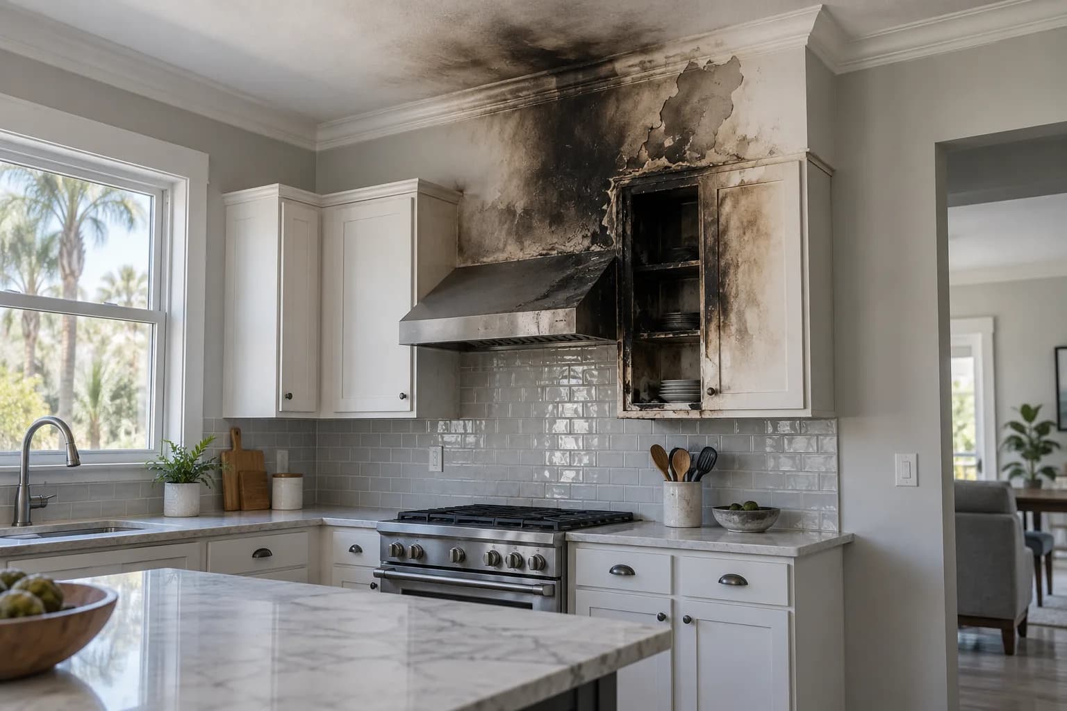 Illustration of localized fire and smoke damage in a kitchen
