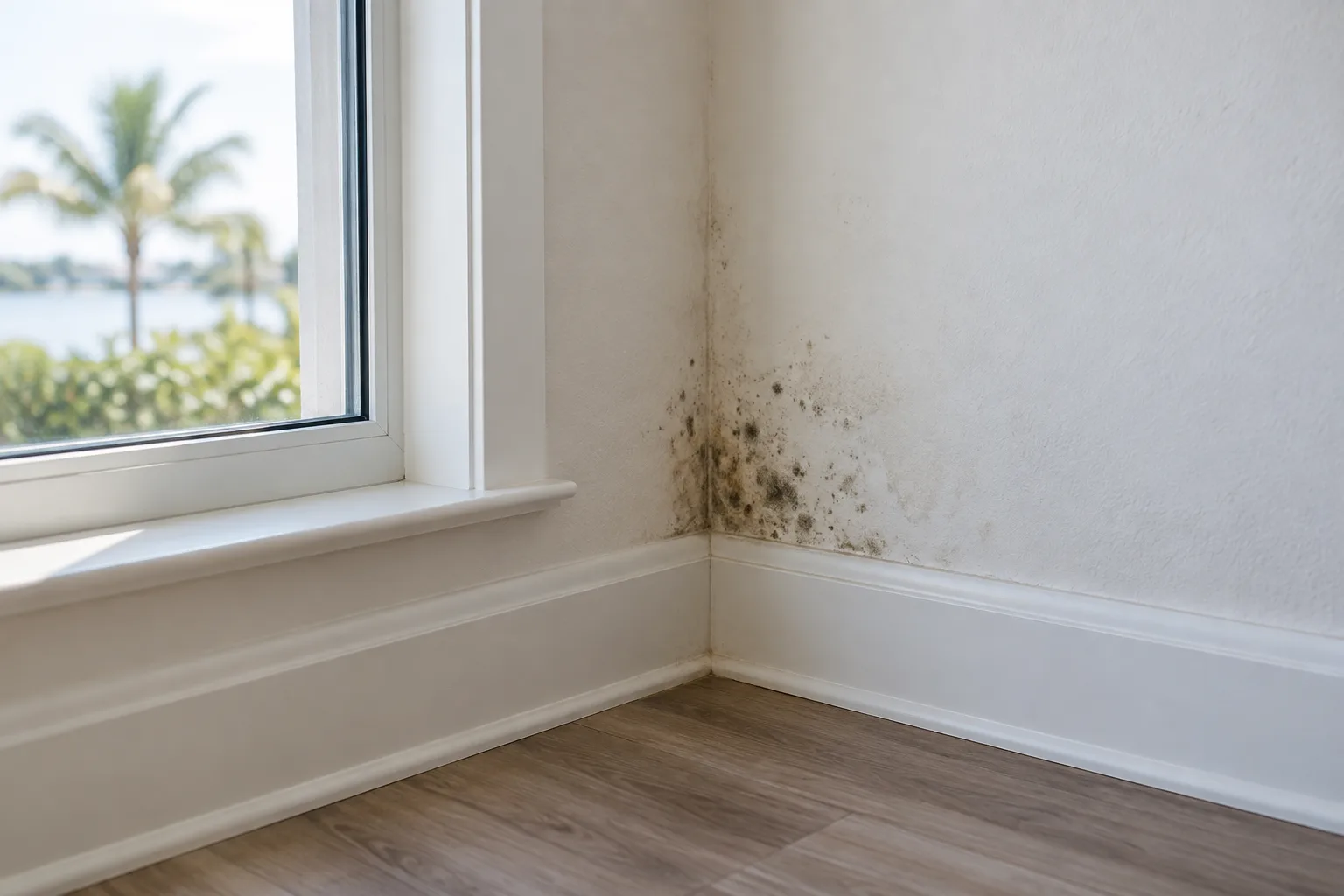 Illustration of moisture staining and mold-like spots beside a window