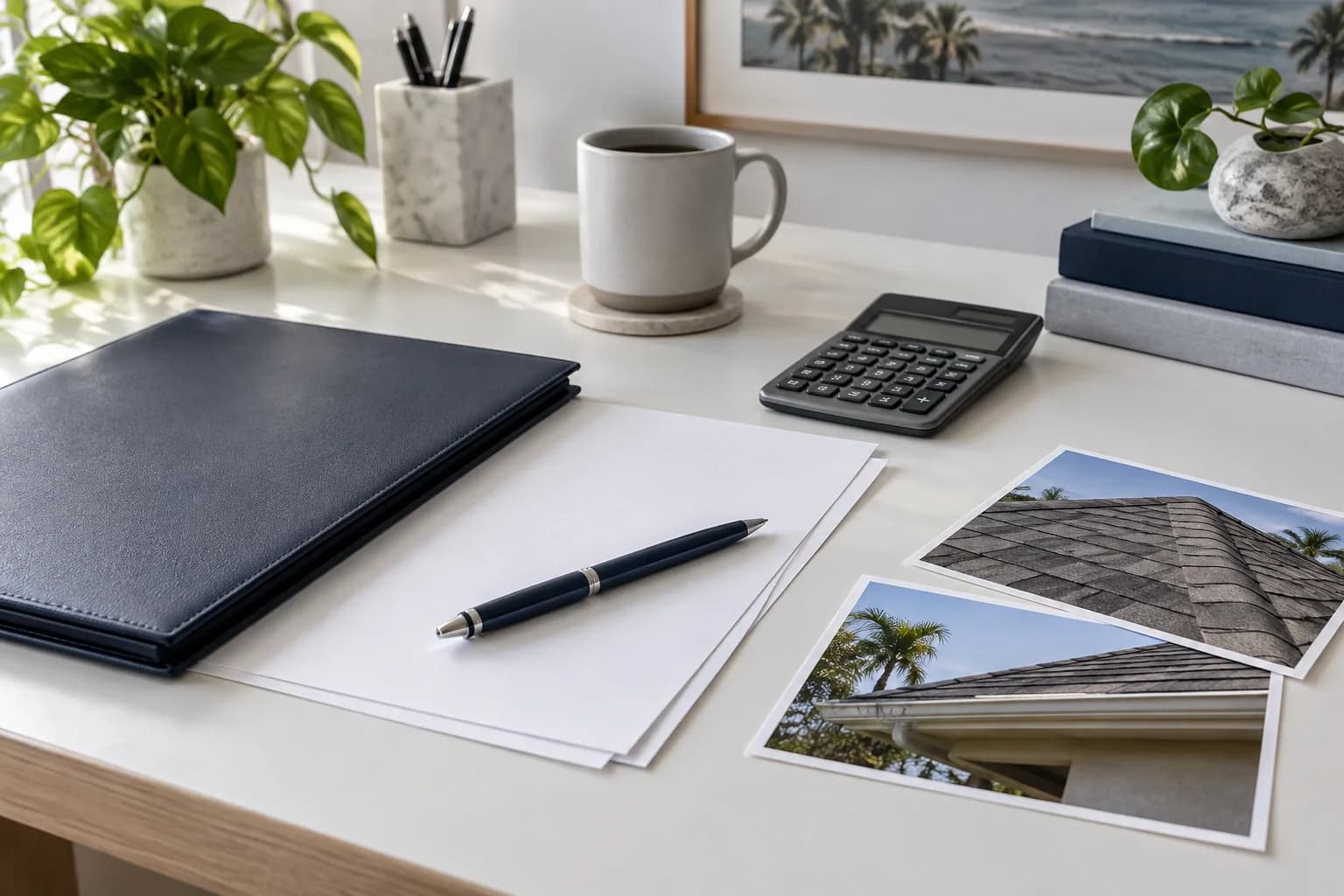 Illustrative arrangement of a folder, blank documents and property photographs for a claim review