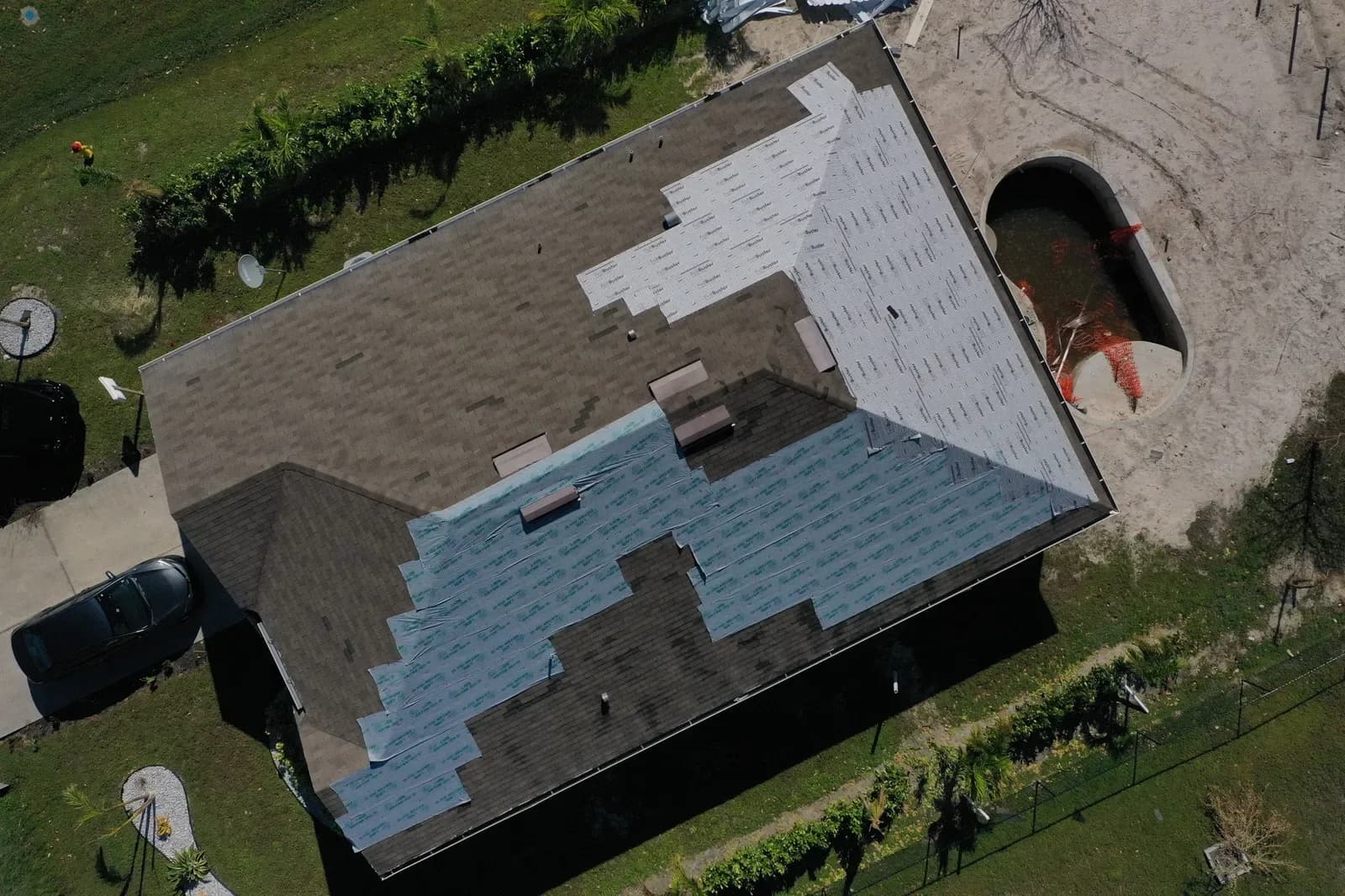 Aerial photograph documenting a roof and protective underlayment