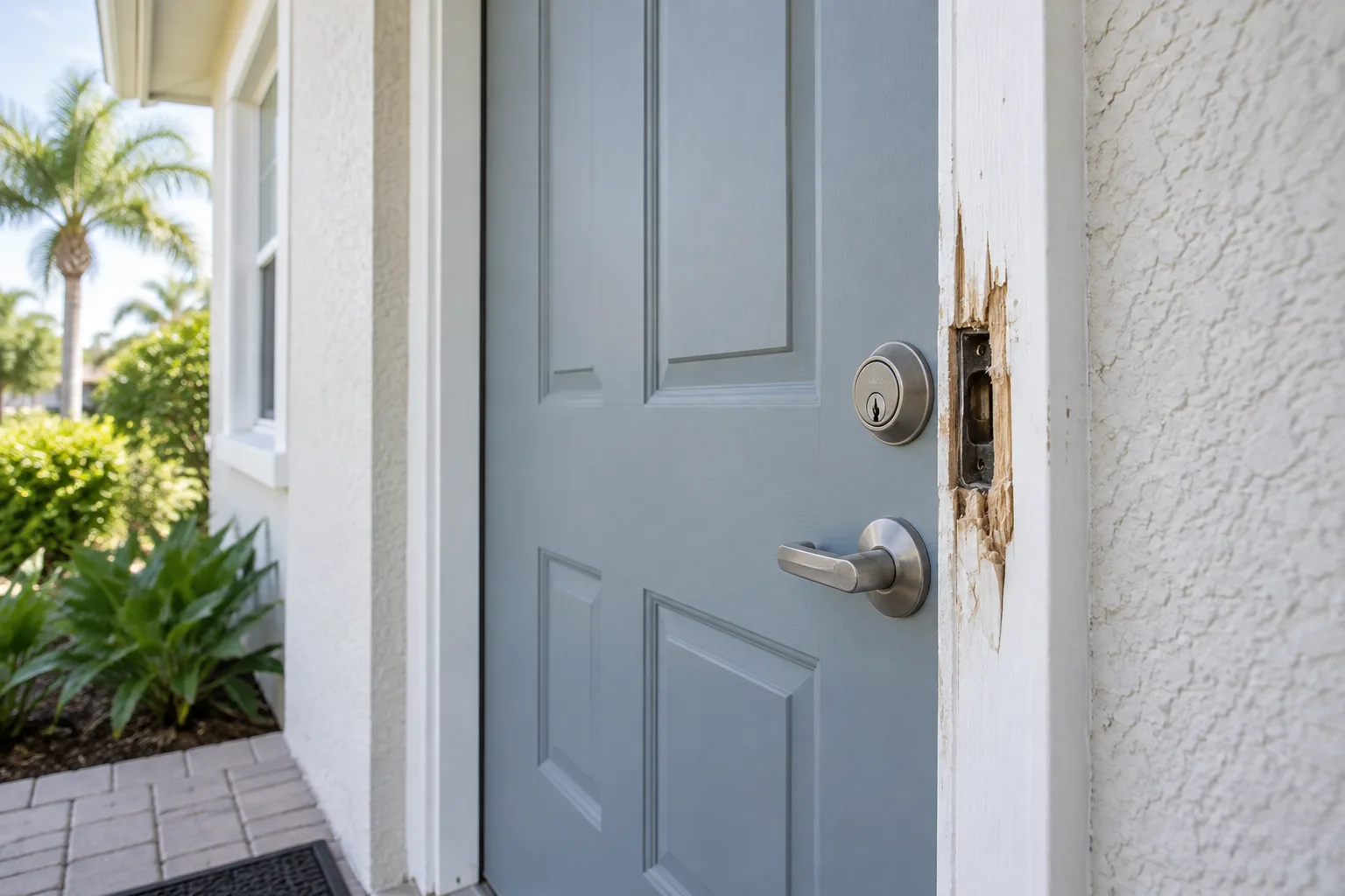 Illustration of damage around an exterior door lock