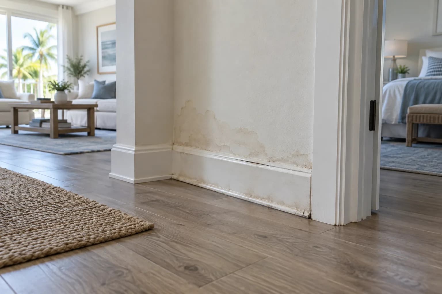 Illustration of water staining along an interior wall and baseboard