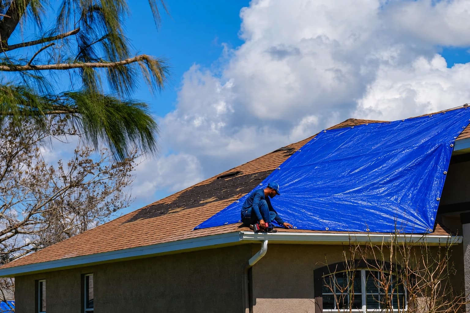 Roof with a protective tarp after property damage